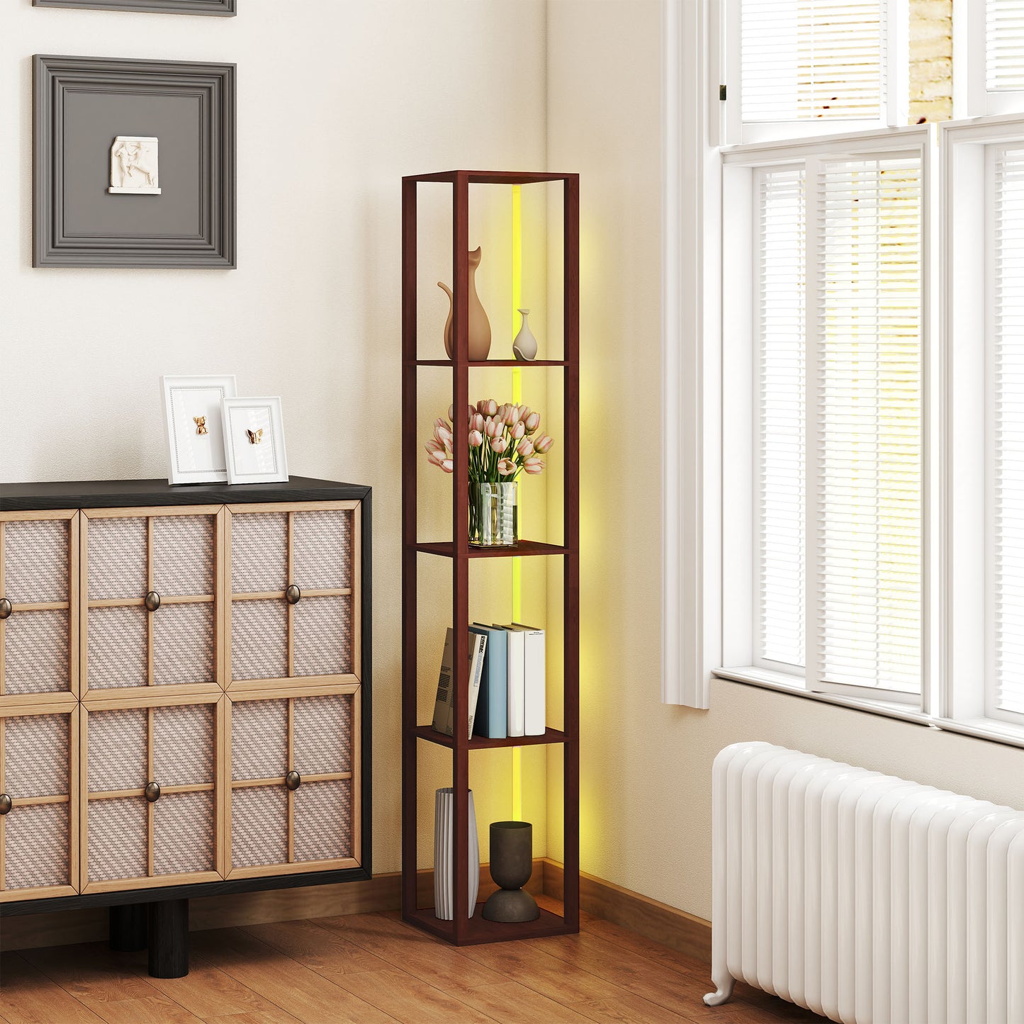 RGB LED Floor Lamp with Shelves, Modern Dimmable Standing Lamp with Remote Control