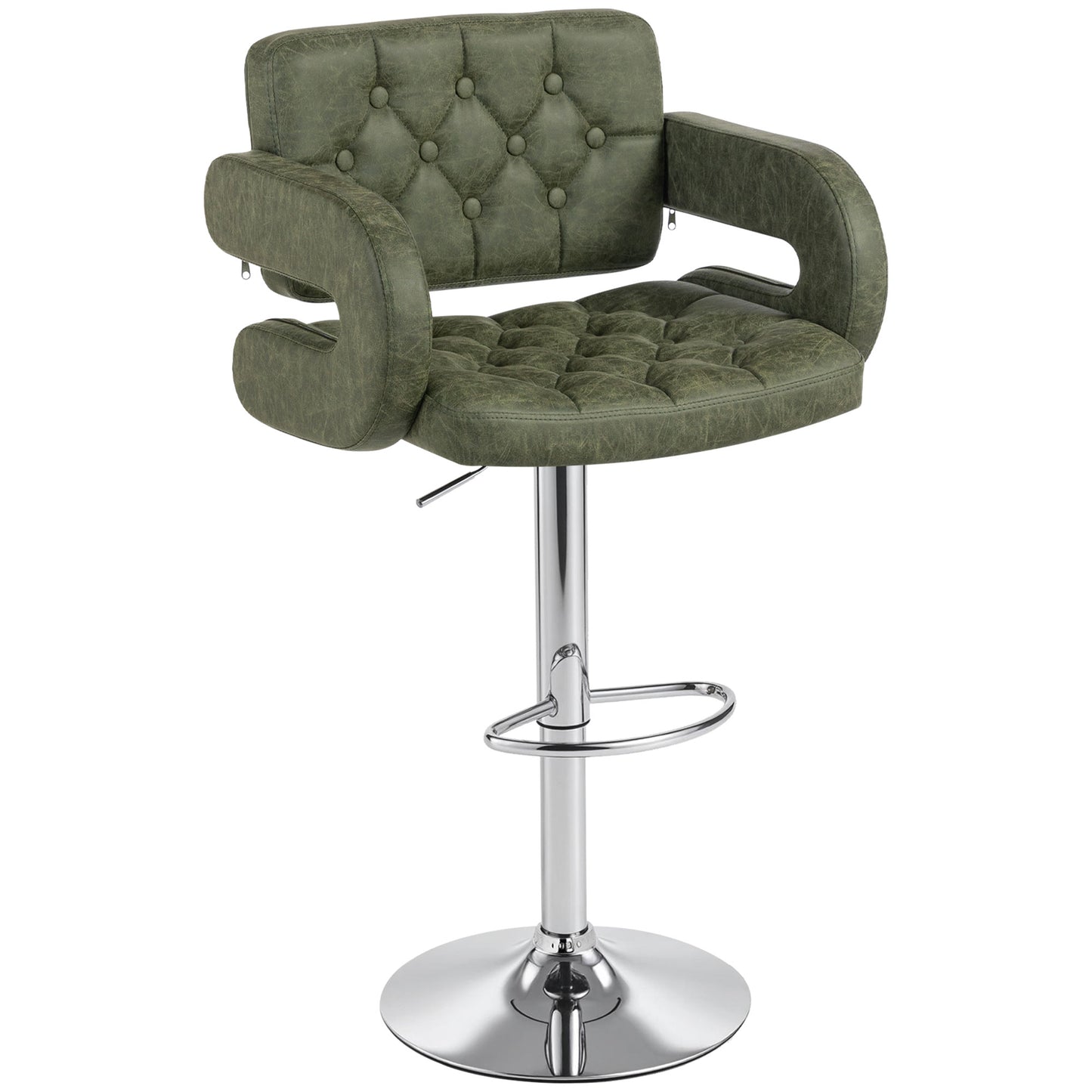 PU Leather Upholstered Swivel Bar Stool, Height Adjustable with Back, Armrest, Footrest, Green