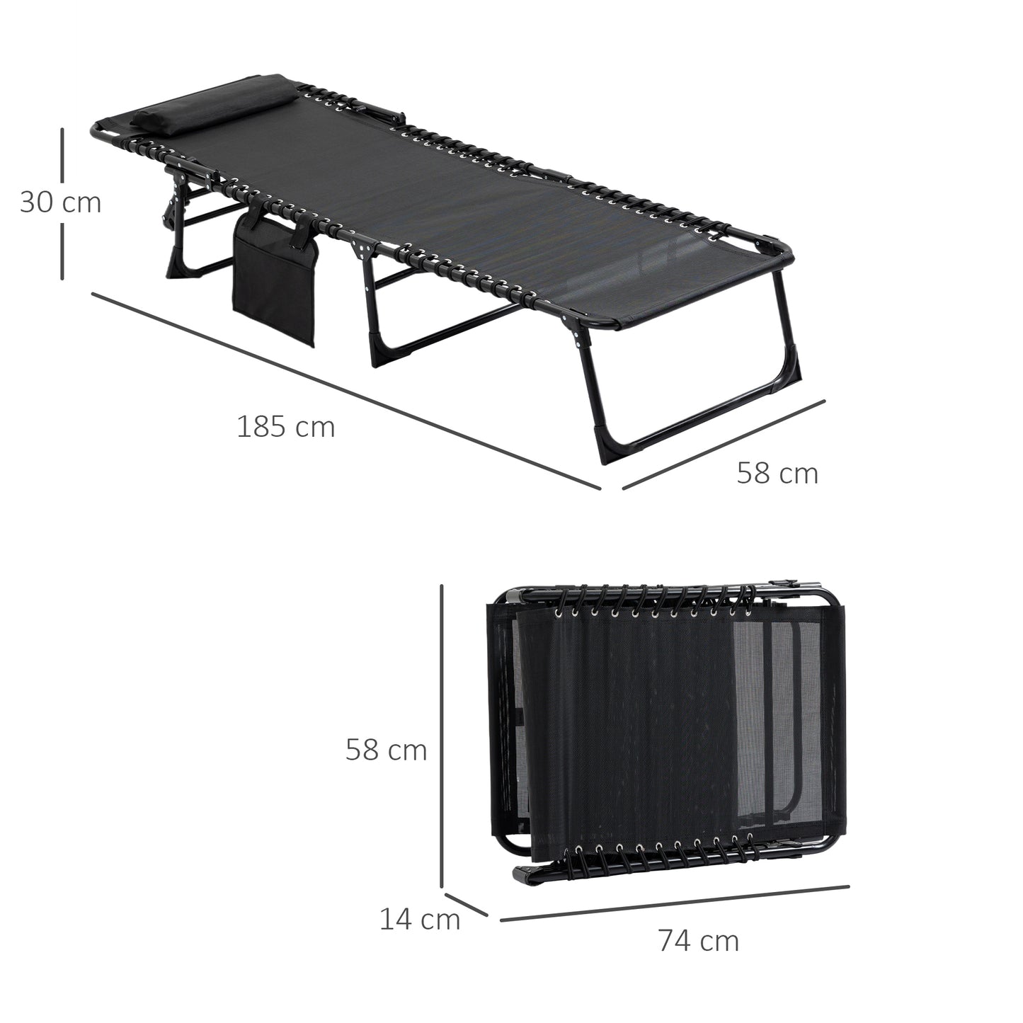 Portable Sun Lounger, Folding Camping Bed Cot, Reclining Lounge Chair 5-position Adjustable Backrest with Side Pocket