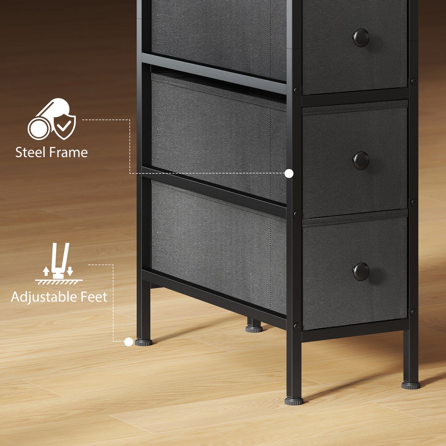 4 Drawer Fabric Dresser Chest of Drawers, Slim Storage Cabinet with Steel Frame for Small Spaces, Bedroom, Black