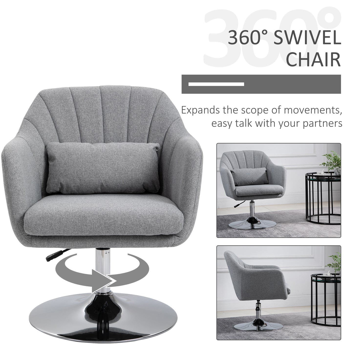 Swivel Accent Chair, Linen Fabric Tub Vanity Chair, Modern Armchair with Adjustable Height and Lumbar Support for Living Room
