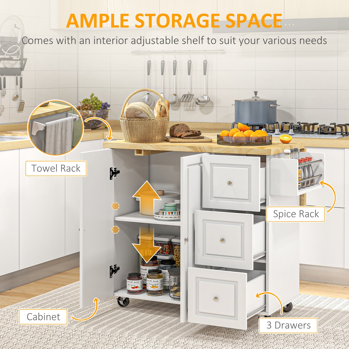 Kitchen Island on Wheels, Rolling Kitchen Storage Trolley with Drop Leaf, Drawers, Towel and Spice Rack, White