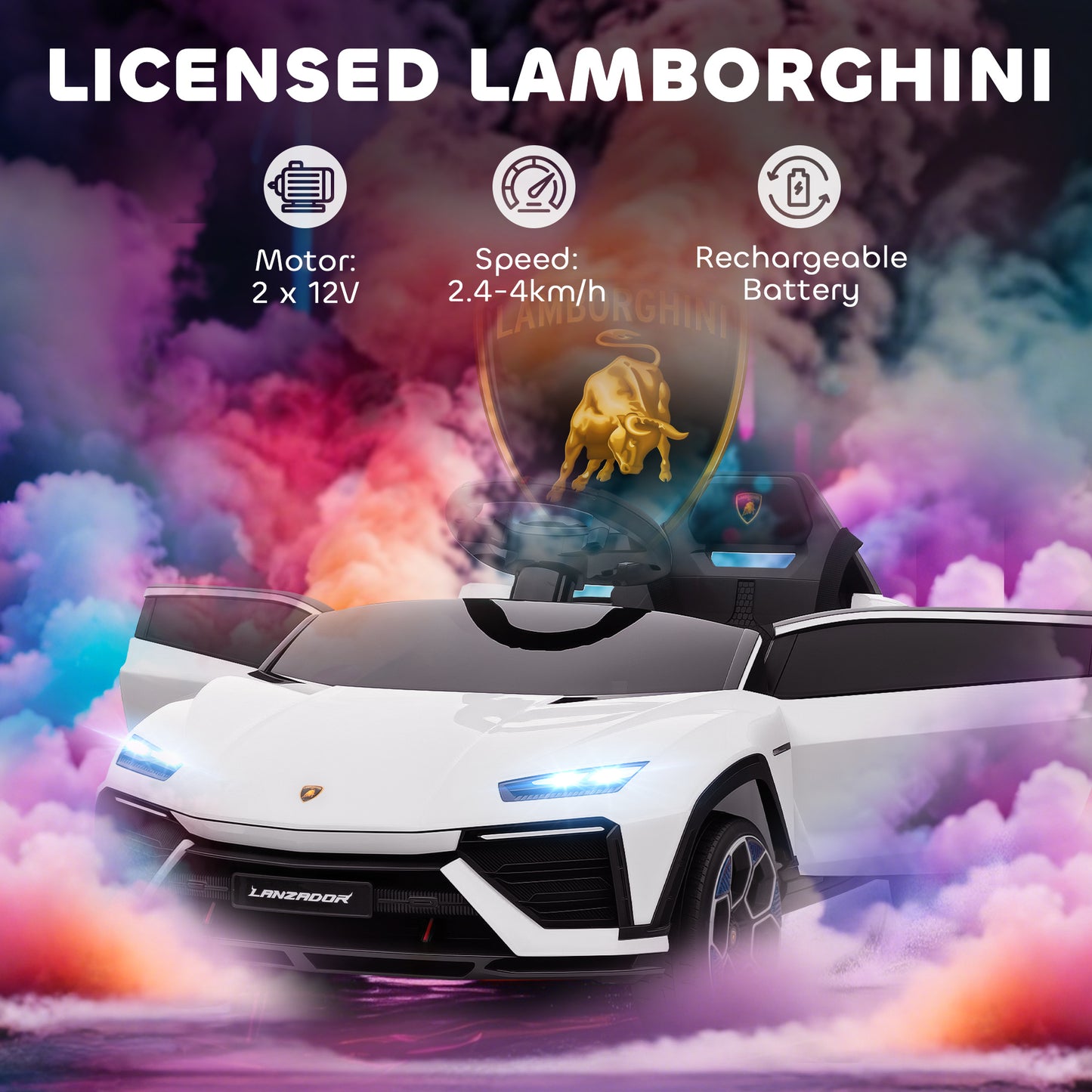 12V Licensed Lamborghini Electric Cars for Kids, Ride On Car with Remote Control for 3-6 Years Old, White
