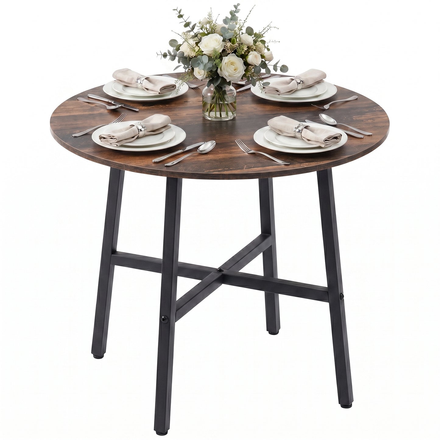 85cm Dining Room Table, Industrial Style Kitchen Table Round with Steel Legs, Rustic Brown