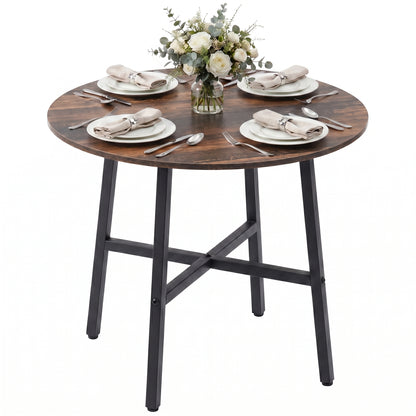 85cm Dining Room Table, Industrial Style Kitchen Table Round with Steel Legs, Rustic Brown