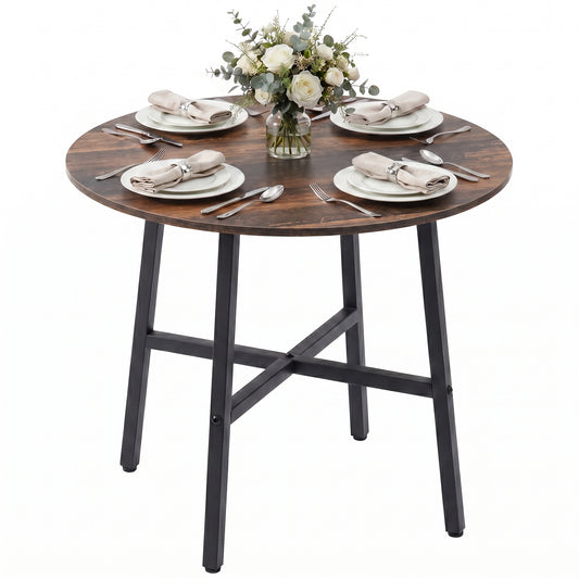 85cm Dining Room Table, Industrial Style Kitchen Table Round with Steel Legs, Rustic Brown