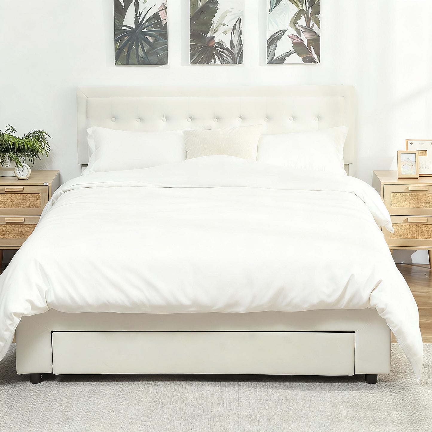 King Size Ottoman Bed Frame, with Front Drawer - Cream