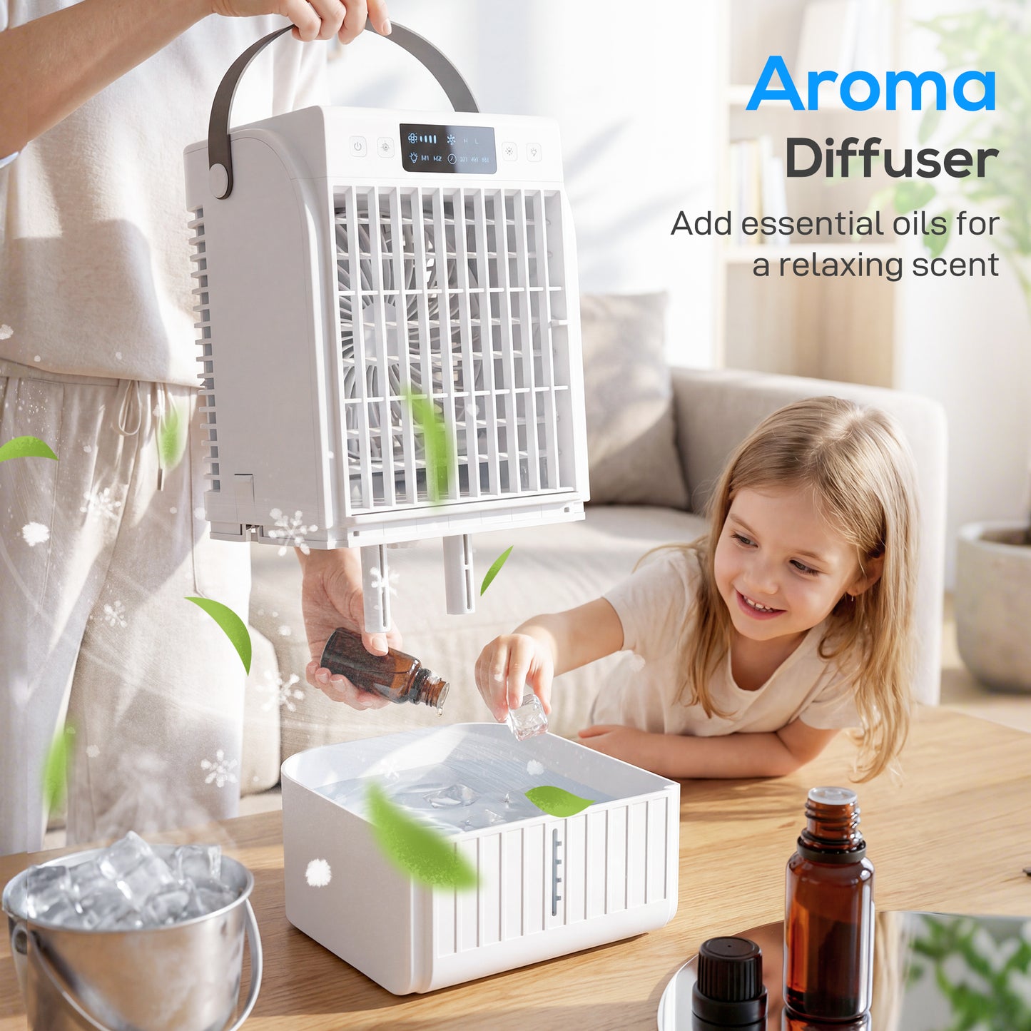 Portable Air Conditioner, 4-in-1 Mini Air Cooler with 4 Wind Speed, 2 Cool Mist, RGB 7 LED Light, White