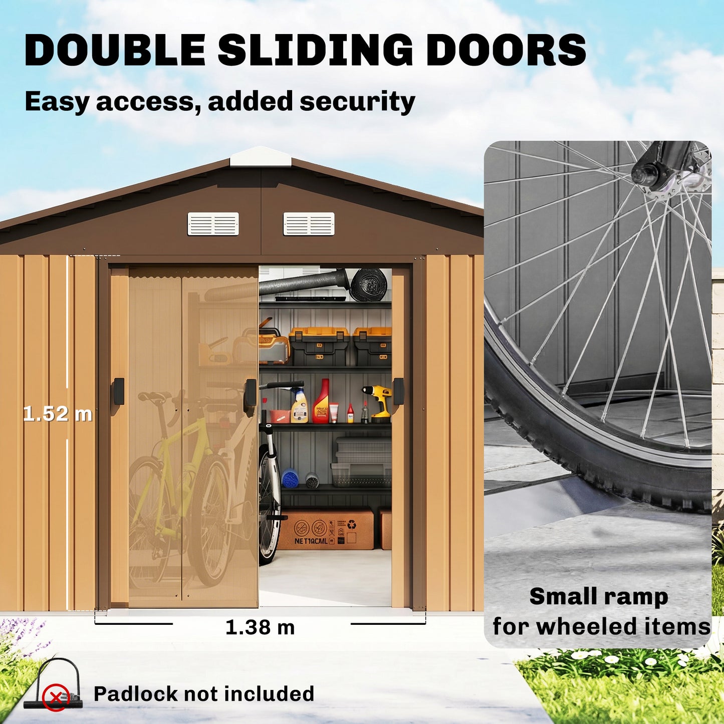 13 x 11ft Metal Garden Shed, Waterproof Outdoor Bike Storage Shed Galvanised with Vents, Foundation Kit