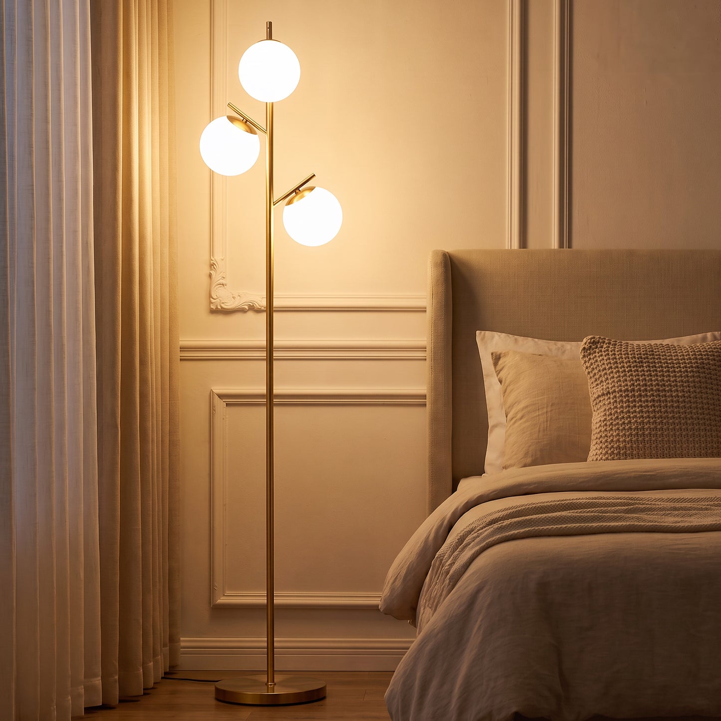 3-Light Tree Floor Lamps for Living Room, Modern Standing Lamp for Bedroom with Globe Lampshade, Steel Base