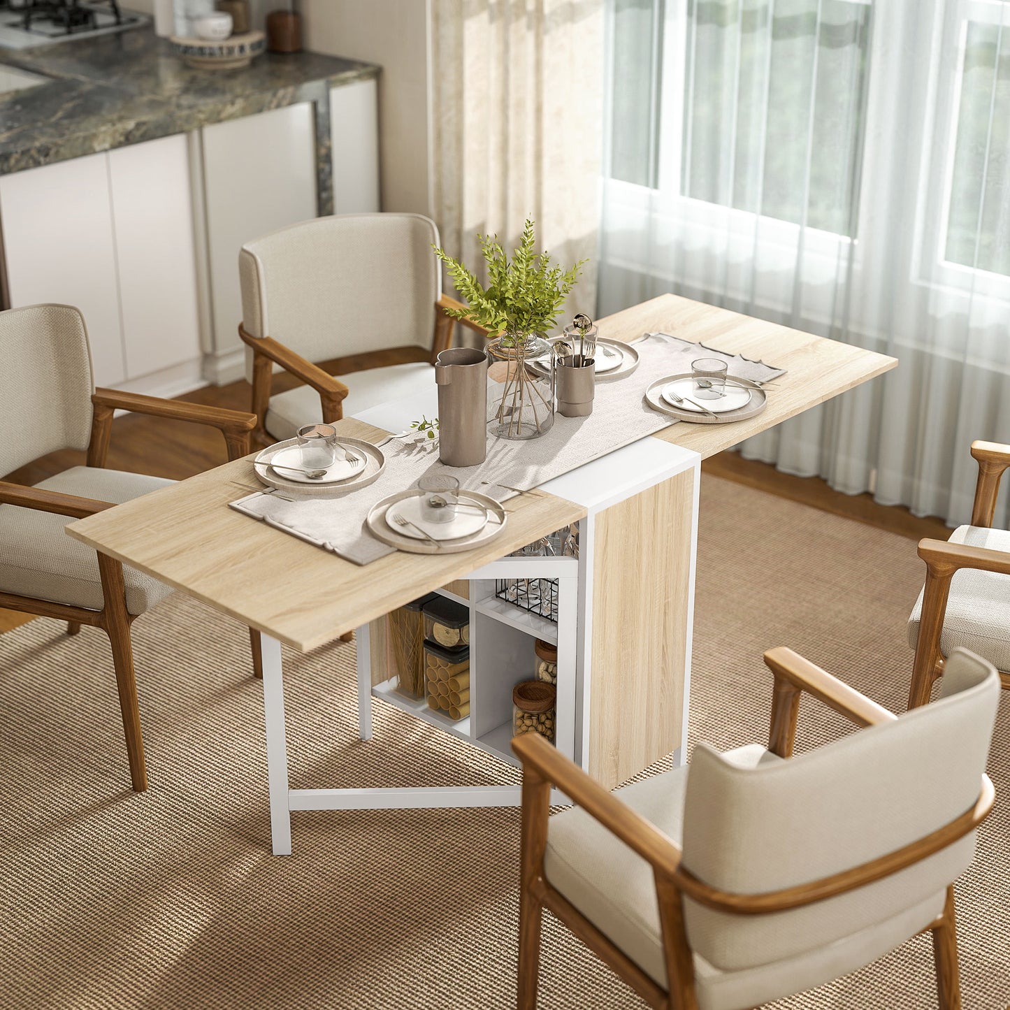 Foldable Drop Leaf Dining Table Folding Workstation for Small Space with Storage Shelves Cubes Oak & White