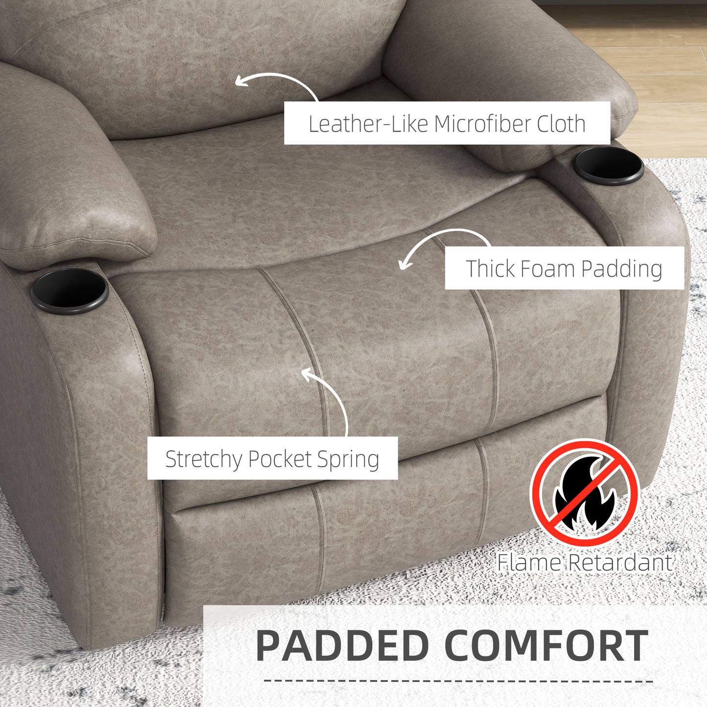 Recliner Chair, Microfibre Reclining Chair with Adjustable Leg Rest, Cup Holders, Recliner Armchair for Home Living Room