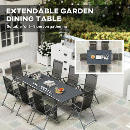 Aluminium Extending Garden Table with Slatted Top for 6-8 Person, 160/220 x 90 x 73 cm, Grey