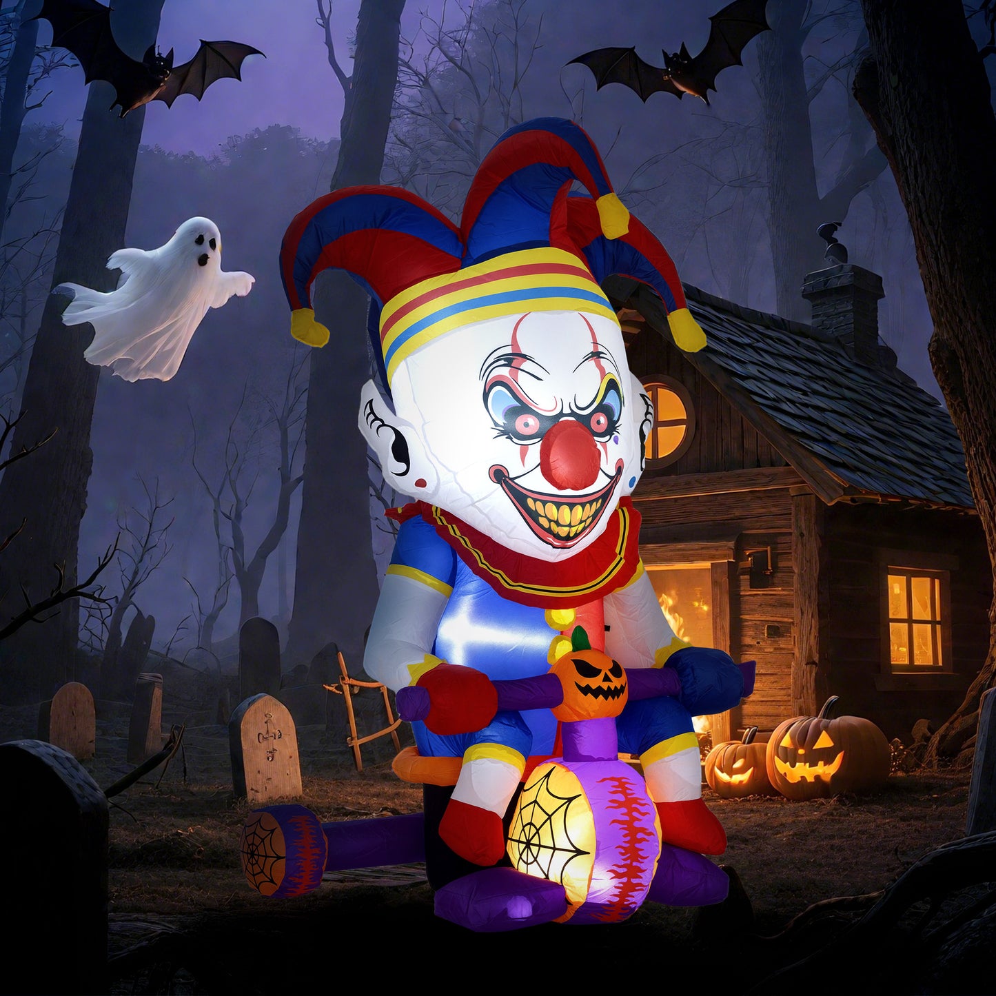 4ft Halloween Inflatable Clown on Bicycle, Blow Up Outdoor Halloween Decoration with 3 Built-in LED Lights for Garden