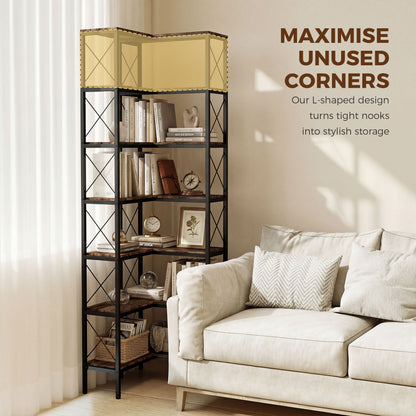 6-Tier L-Shaped Bookshelf, Freestanding Corner Bookcase with Metal Frame, Rustic Brown