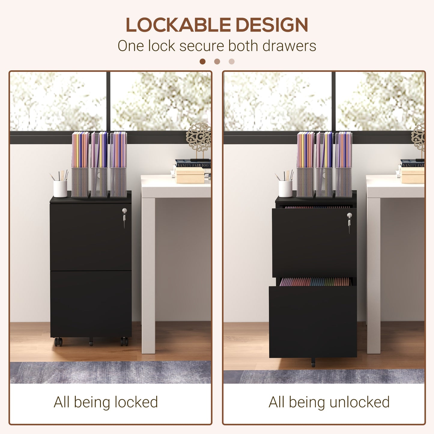 2-Drawer Filing Cabinet with Lock and 5 Wheels, Steel Mobile File Cabinet, for A4, Legal and Letter Size, Pre-Assembled Body