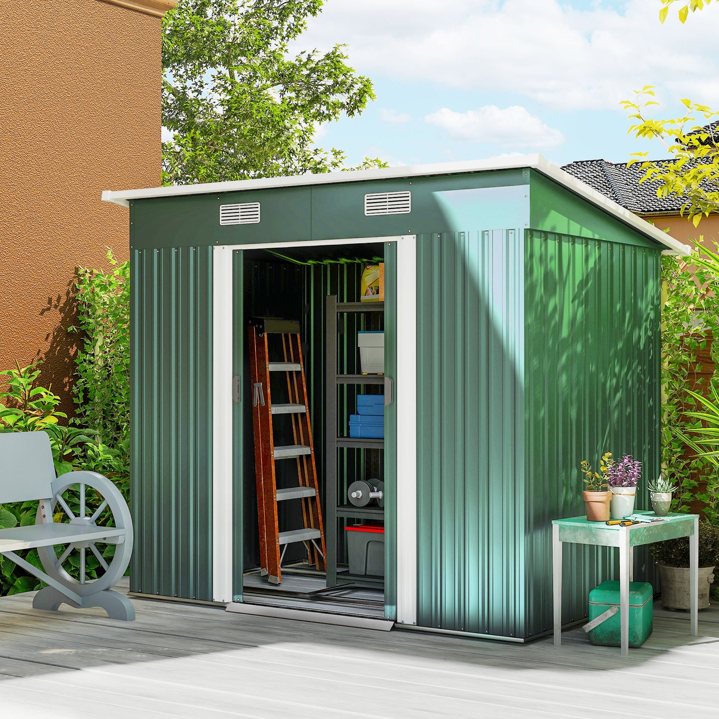 7 x 4ft Outdoor Storage Shed with Foundation Kit, Lean to Metal Garden Shed for Log, Rubbish Bin, Tool, Lawnmower, Bike