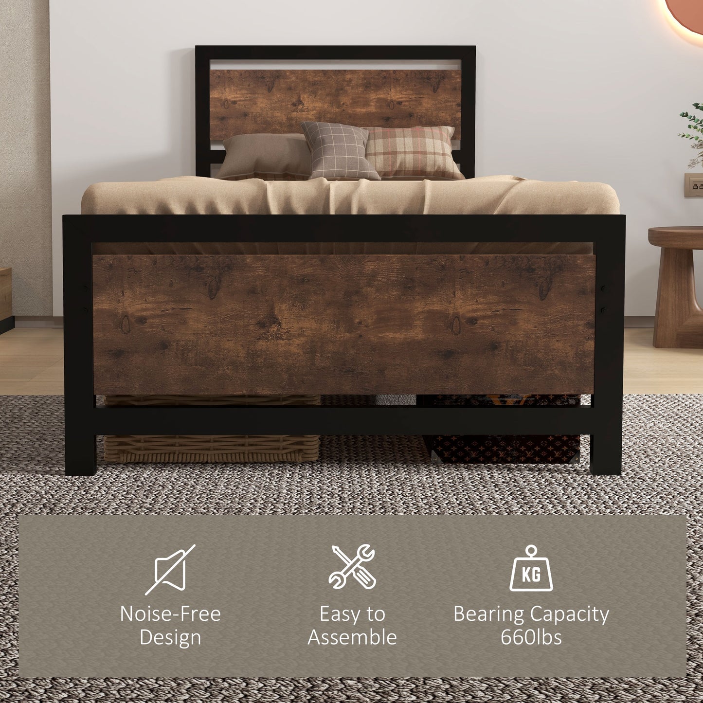 Single Size Metal Bed Frame with Headboard & Footboard, Strong Slat Support Solid Bedstead Base w/ Underbed Storage Space
