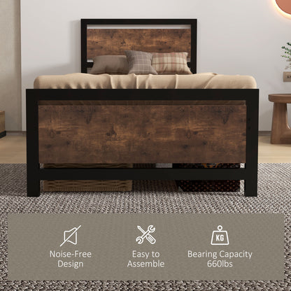 Single Size Metal Bed Frame with Headboard & Footboard, Strong Slat Support Solid Bedstead Base w/ Underbed Storage Space