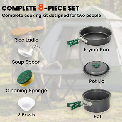 Camping Cookware Set, 8-Piece Ultralight Camping Cooking Kit with Anti-Scald Handles, Grey