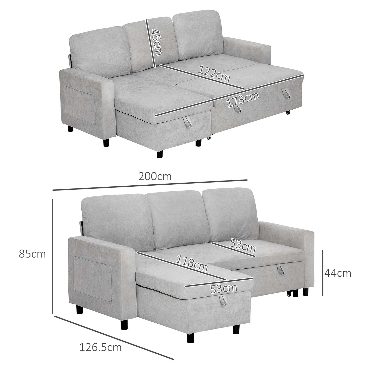 Pull Out Sofa Bed with Storage - Light Grey