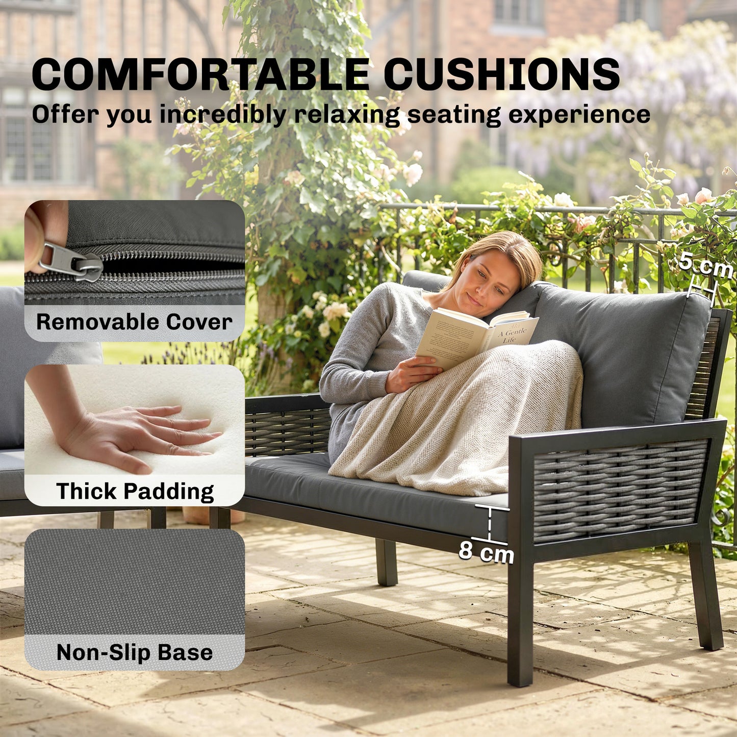 4 Seater Rattan Garden Furniture Set with 2 Armchairs, Loveseat, Coffee Table, Garden Sofa Set with Cushions, Dark Grey