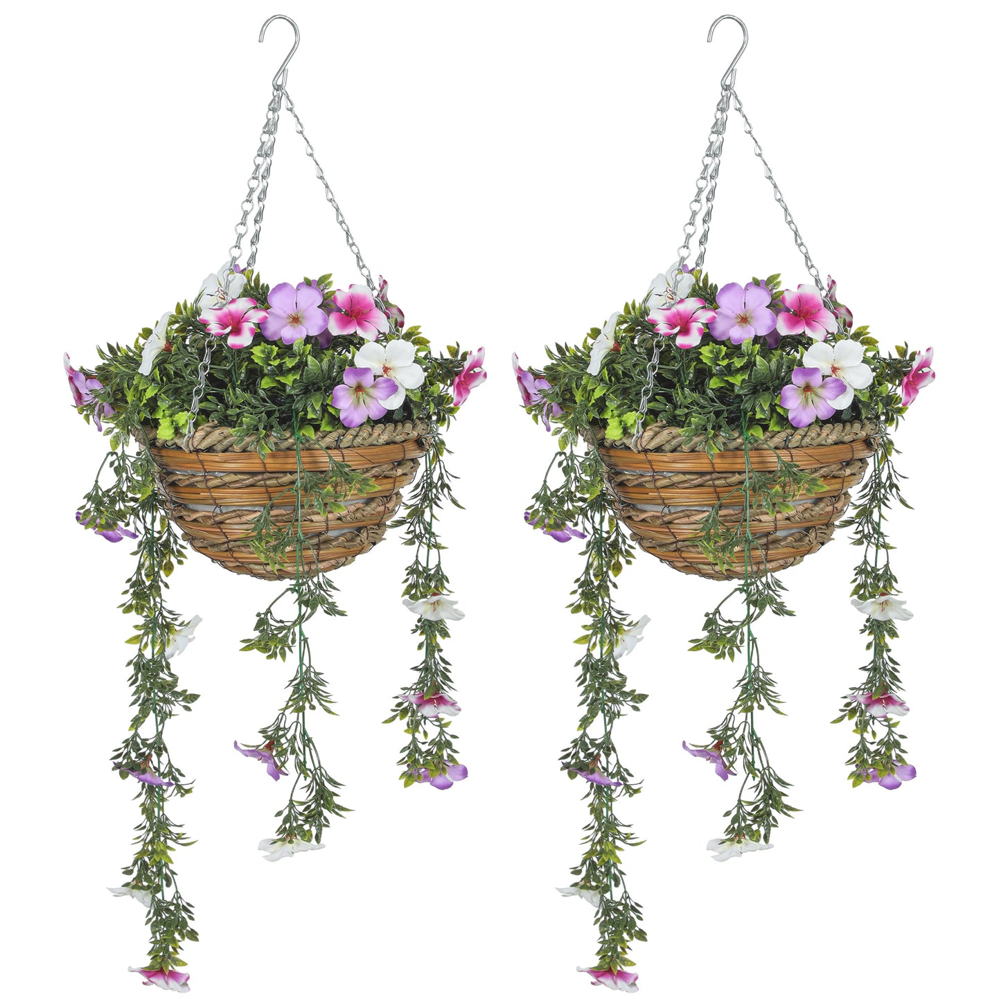 Set of 2 Artificial Silk Azalea Flowers, Hanging Planters with Basket, Faux Plants for Home Indoor Outdoor Decor