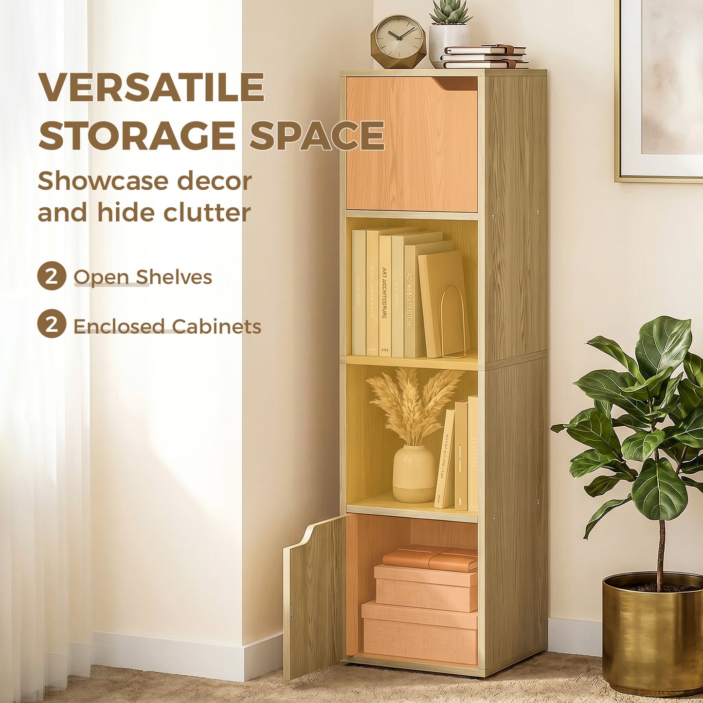 Narrow Bookcase, 4-Tier Bookshelf, Storage Cabinet with doors for Living Room, Bedroom, Oak