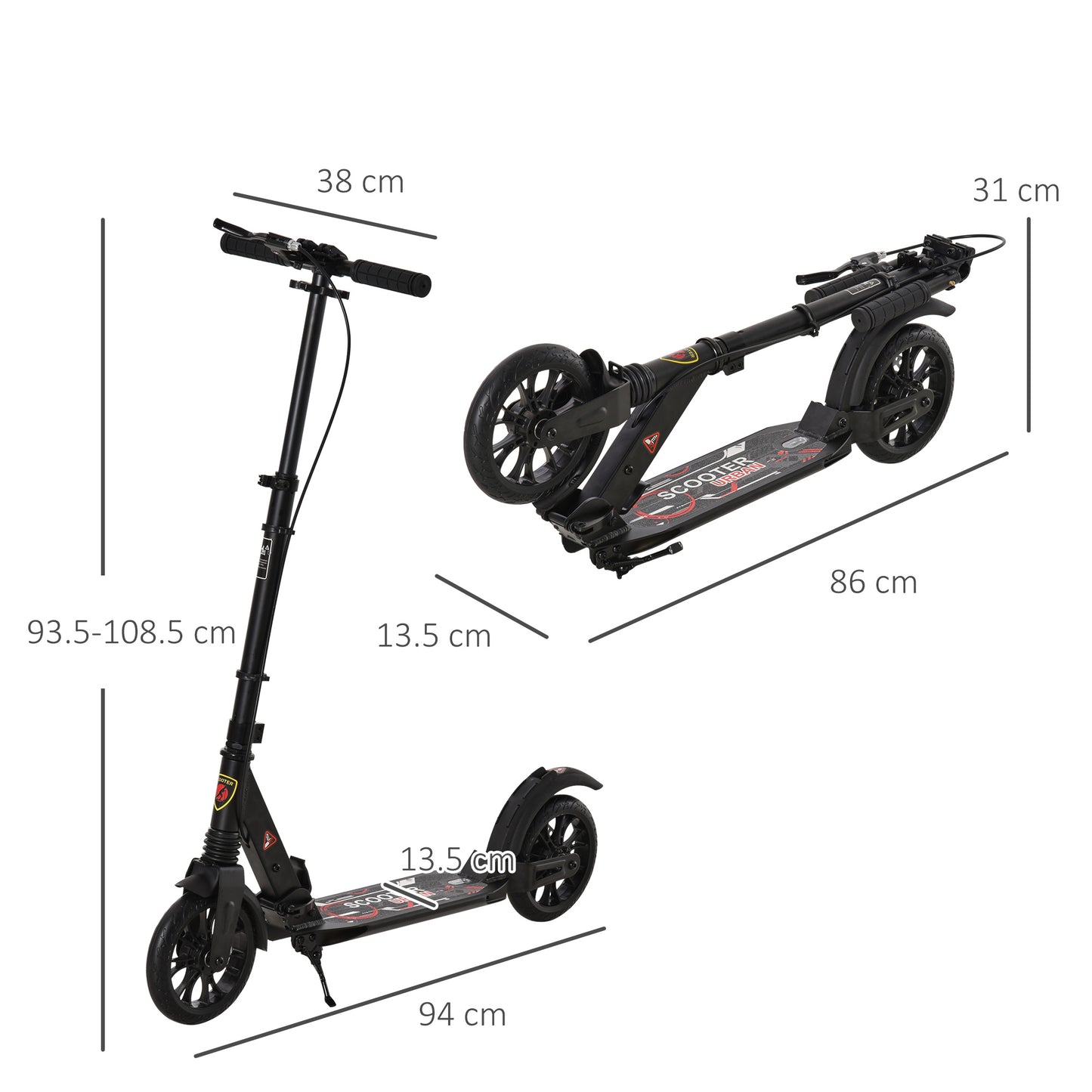 Adult Teens Kick Scooter Foldable Height Adjustable Aluminium Ride On Toy for 14+ w/ Rear Wheel & Hand Brake