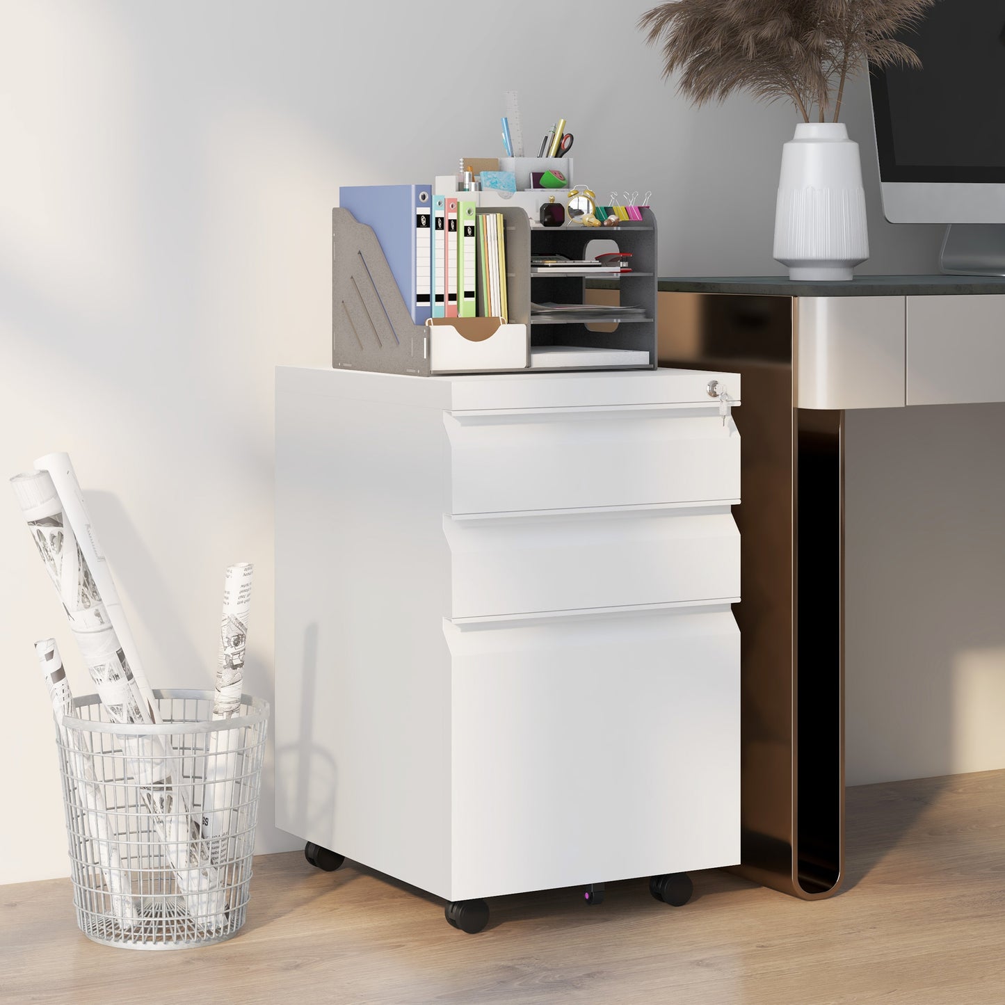 3-Drawer Filing Cabinet with Lock, Mobile Steel File Cabinet for A4, Legal and Letter Size, Under Desk Drawers