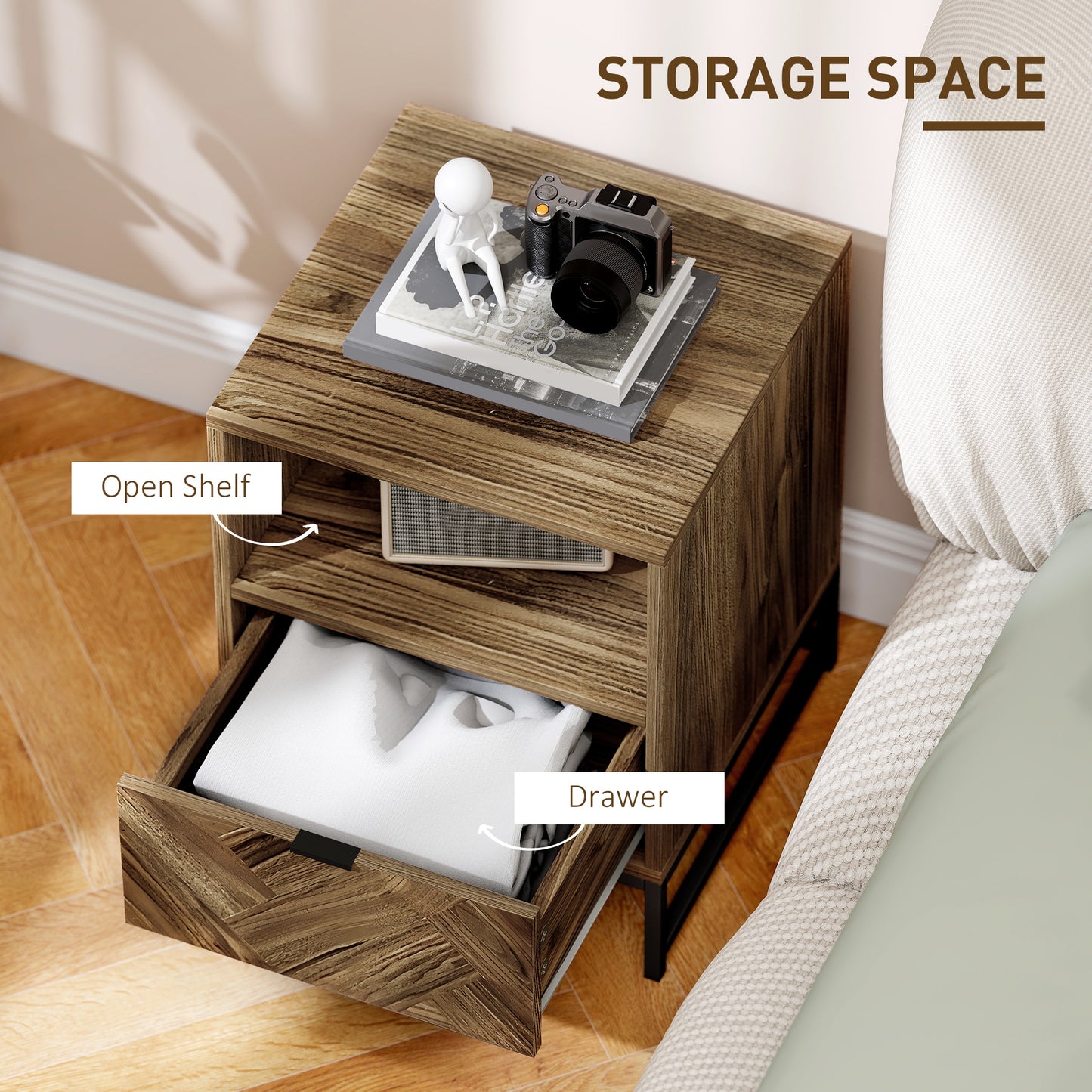 Bedside Table with Drawer and Shelf, Side End Table with Steel Legs for Living Room, Bedroom, Brown Wood Effect