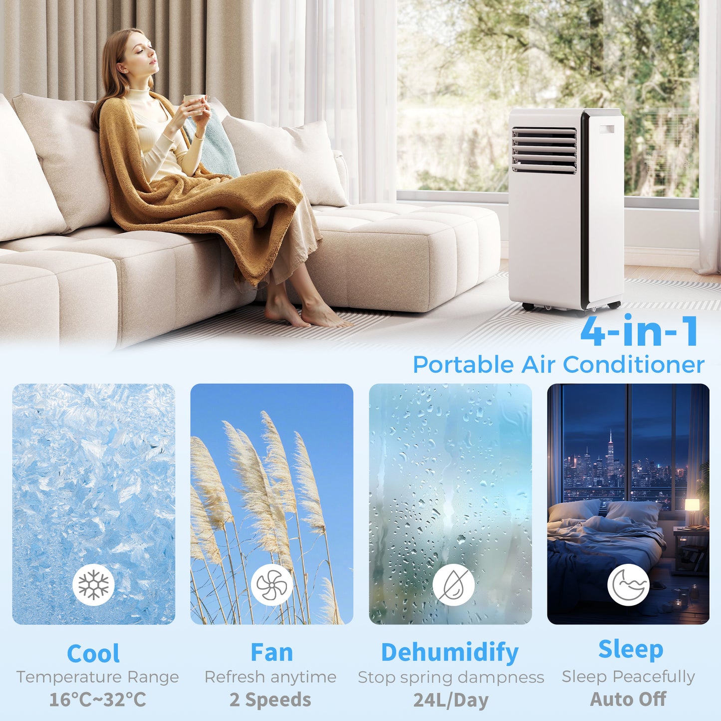 Portable Air Conditioner 9000 BTU, 4-in-1 Air Conditioning Unit with Cooling, Dehumidifier, Fan, Sleep Mode, White