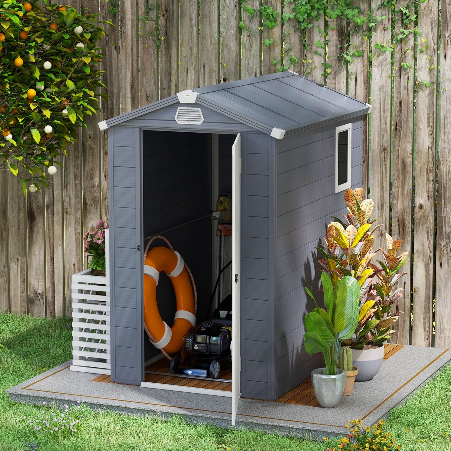 4.4ft x 6.2ft Aluminium Frame and Plastic Wall Shed, with Foundation - Grey