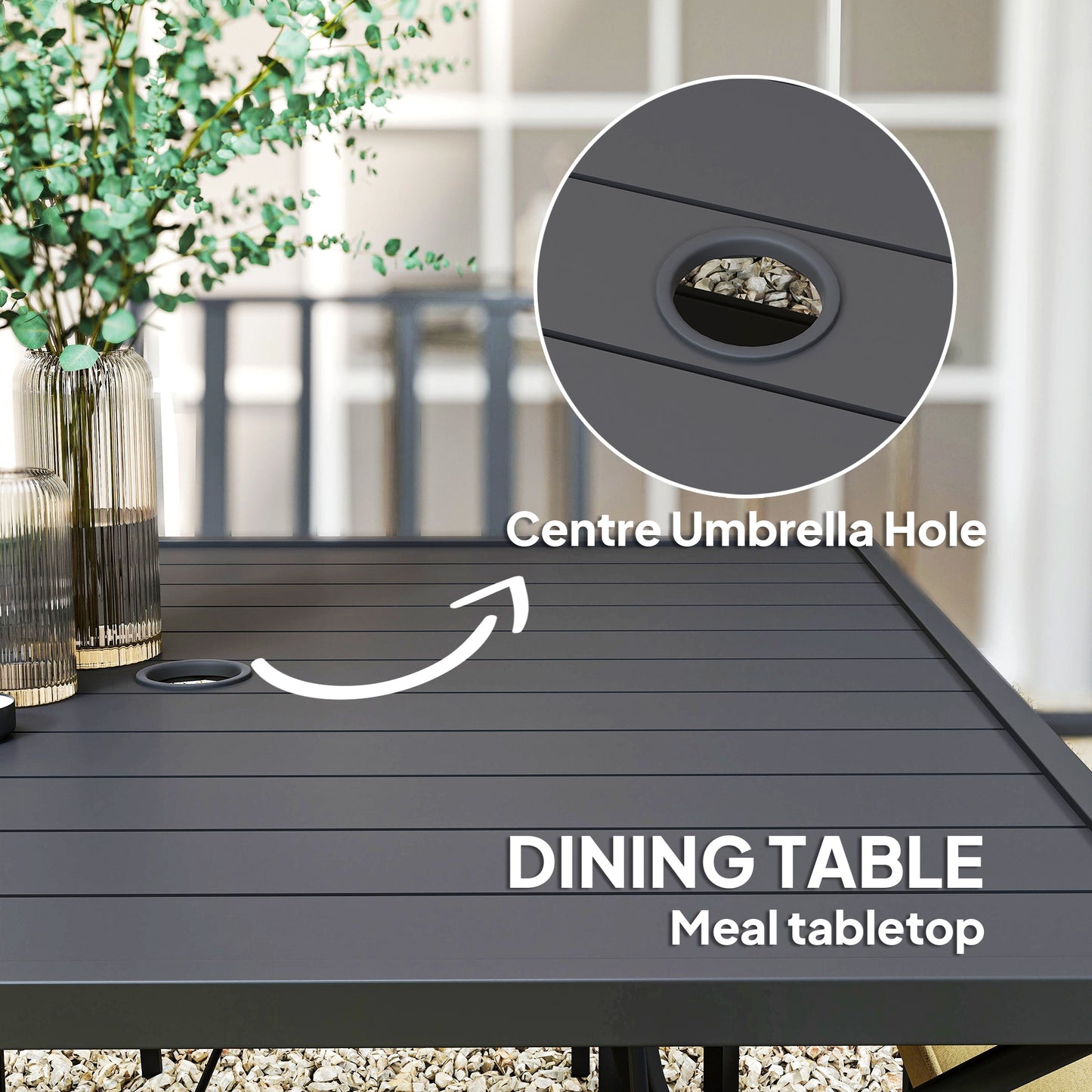 5 Pieces Garden Dining Set with Cushions, Outdoor Patio Table and 4 Stackable Chairs, Metal Top Table with Umbrella Hole