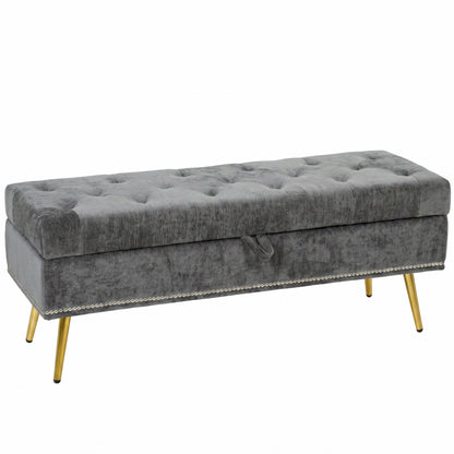Storage Ottoman, Chenille Upholstered Ottoman Storage Box with Padded Seat, Metal Legs, 114 x 41 x 45 cm, Grey