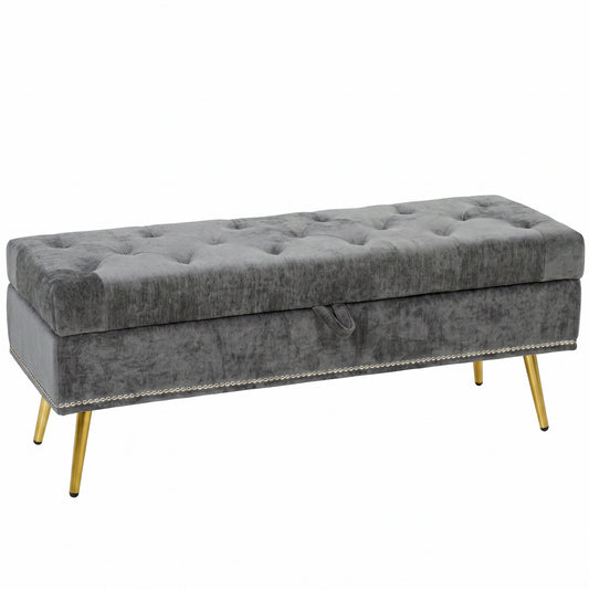 Storage Ottoman, Chenille Upholstered Ottoman Storage Box with Padded Seat, Metal Legs, 114 x 41 x 45 cm, Grey