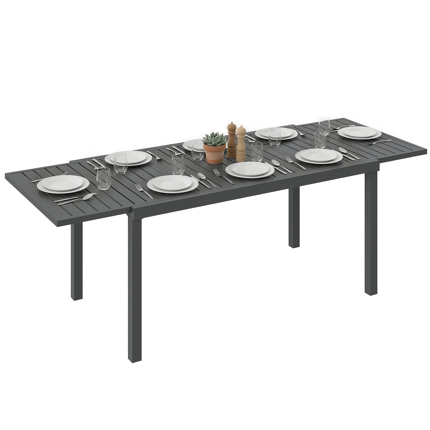 Extending Garden Table for 6-8 People, Full Aluminium Outdoor Dining Table with Slatted Top, Dark Grey