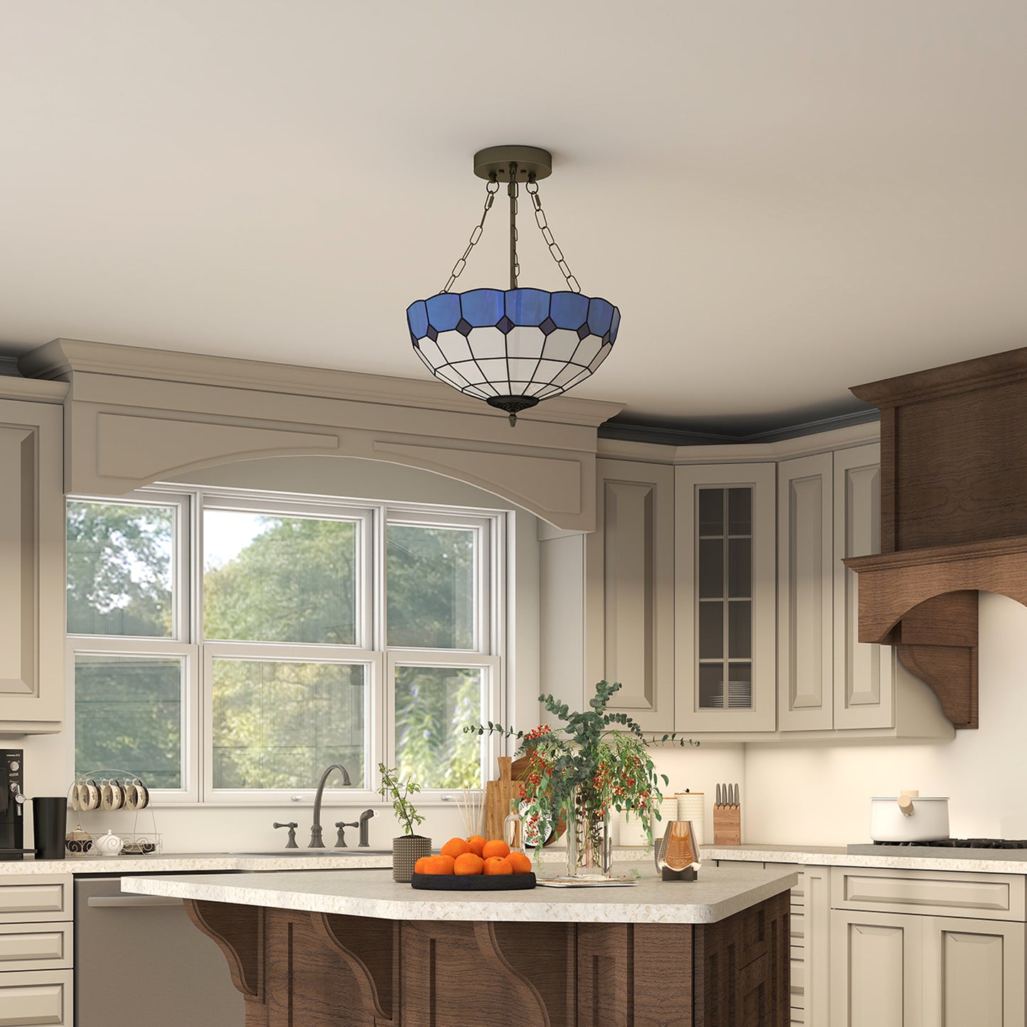 Tiffany Style Ceiling Light, Vintage Chandelier with 3 E27 Sockets, Semi Flush Mount for Living Room, Bulbs Not Included