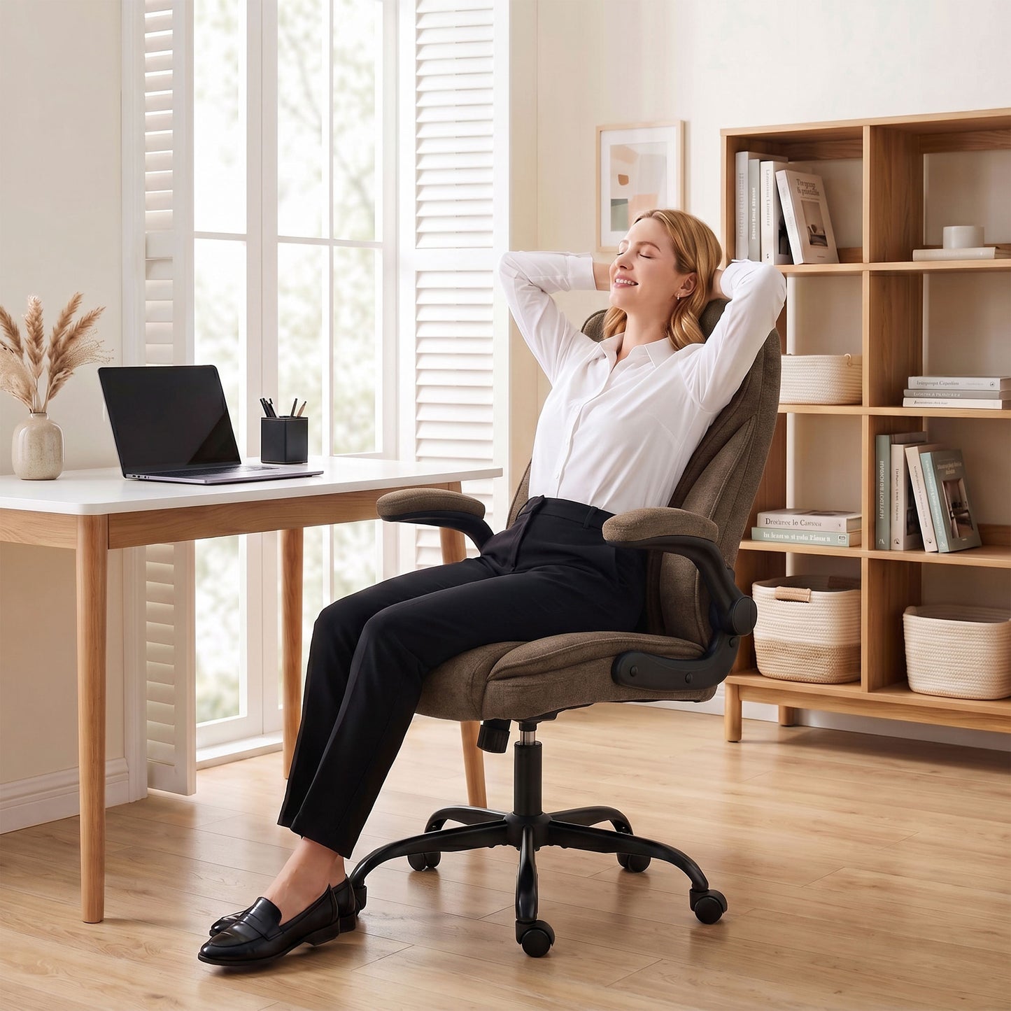 Office Chair, Ergonomic Desk Chair with Flip-up Armrest, Pocket Springs, Swivel Wheels, Adjustable Height, Brown