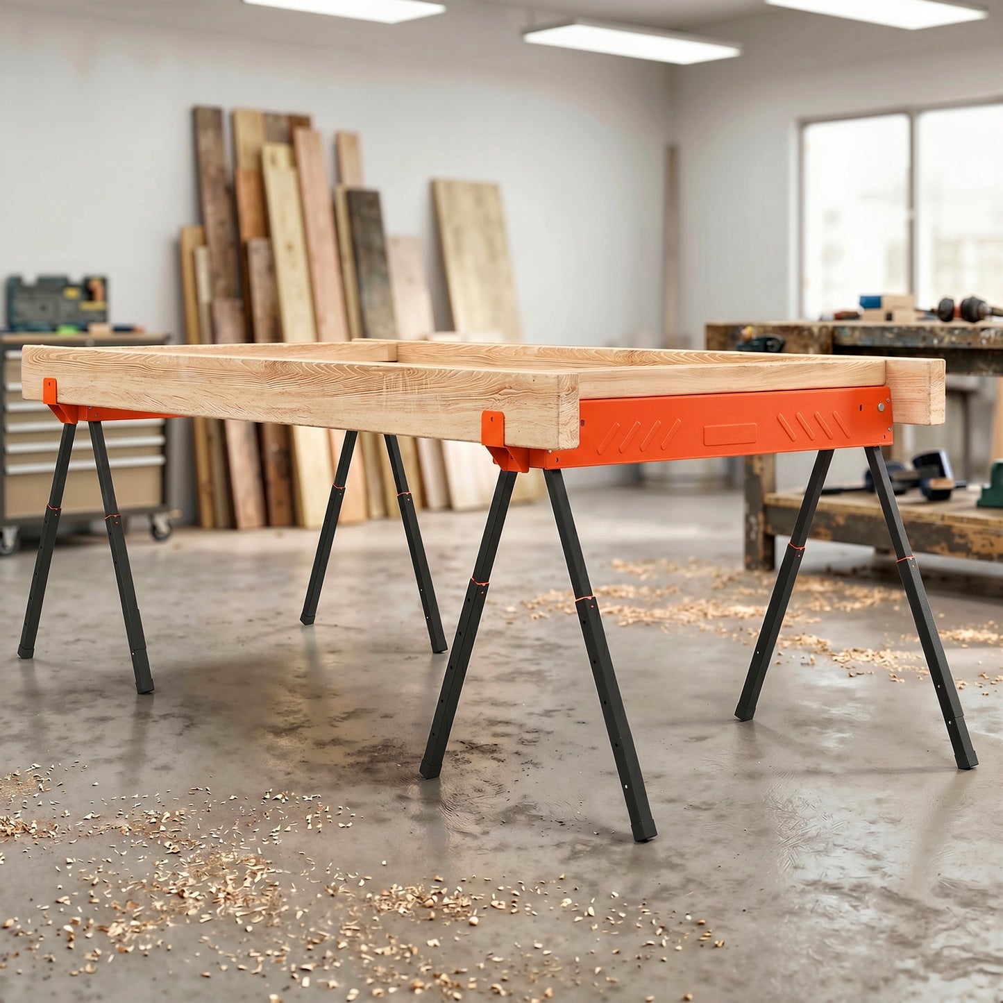 Saw Horses Twin Pack, Folding Work Bench Sawhorses with Height Adjustable Legs, 2x4 Bracket, Orange