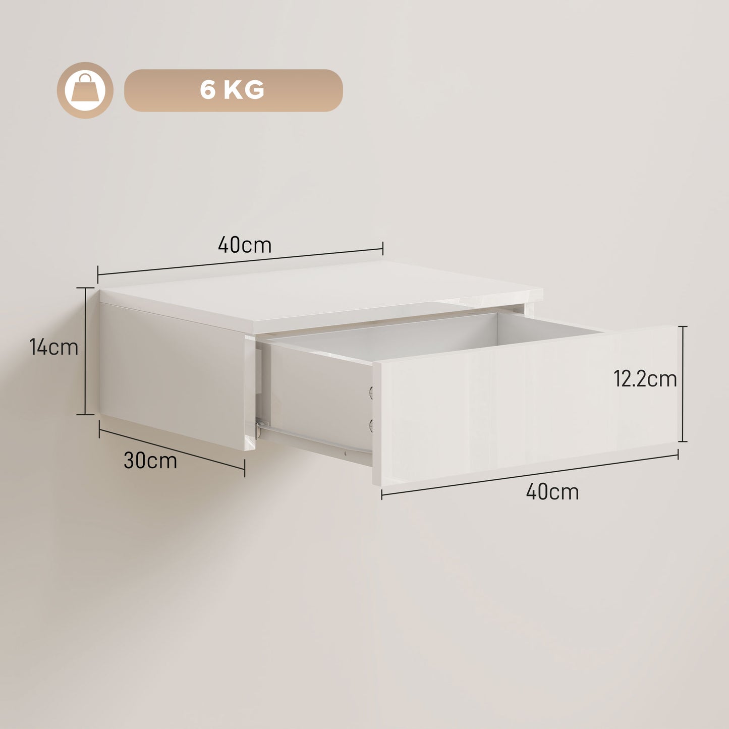 Floating Bedside Table Set of 2, Wall-Mounted Nightstand with High Gloss Finish & Storage Drawer, White