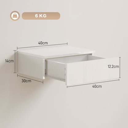 Floating Bedside Table Set of 2, Wall-Mounted Nightstand with High Gloss Finish & Storage Drawer, White