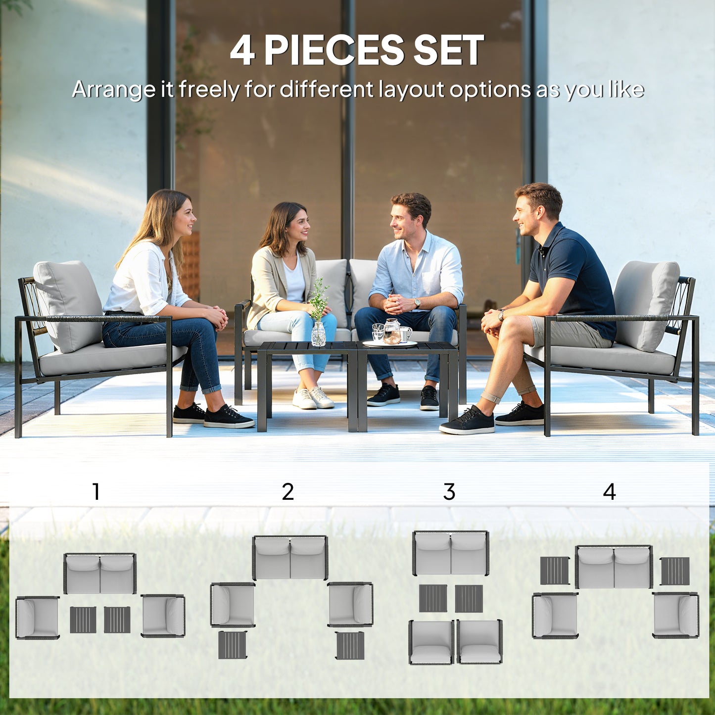 5 Piece Metal Garden Furniture Sofa Set with Thickened Cushions, Loveseat, 2 Armchairs, 2 Coffee Tables, Light Grey