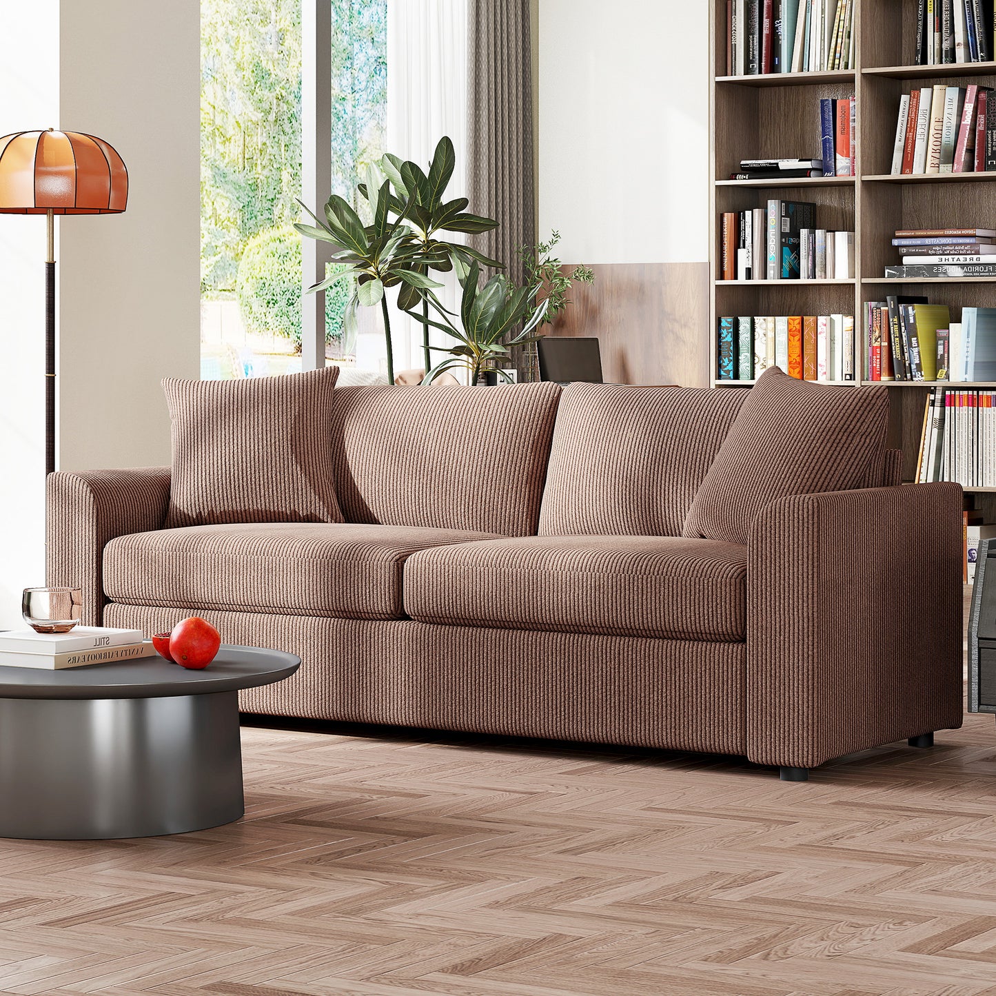 3 Seater Sofa, 212cm Corduroy Couch with Spring Cushion, Wide and Deep Seat, Plush Backrest, 2 Pillows