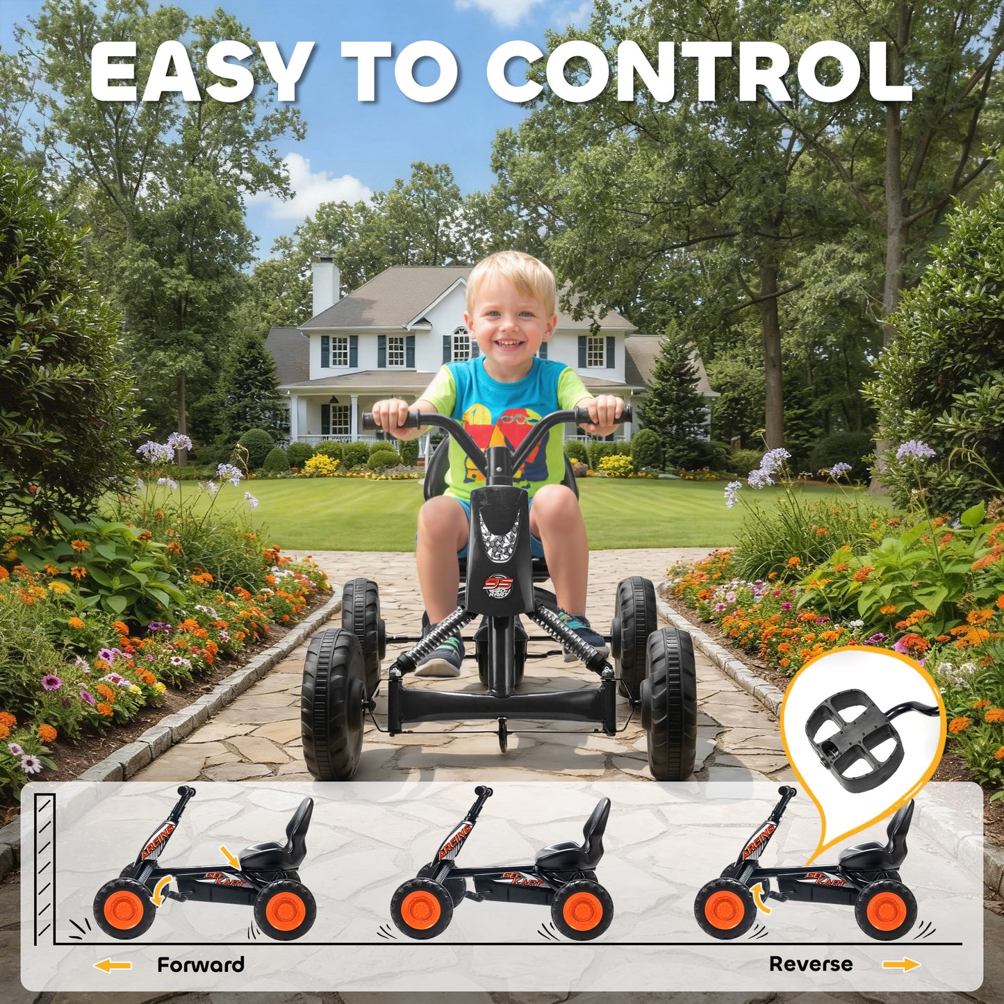 Kids Pedal Go Kart with Steel Frame, Sporty Design, for Ages 2-5 Years, Black