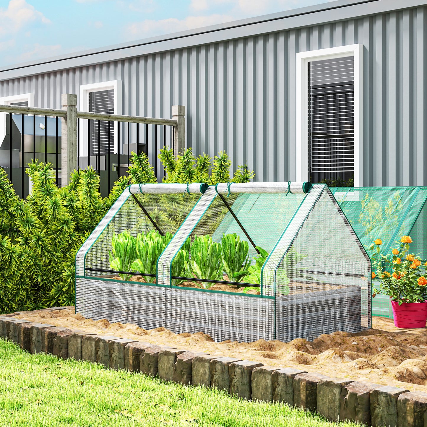 Metal Planter Box with Cover, Raised Garden Bed with Greenhouse, for Herbs and Vegetables, White and Dark Grey