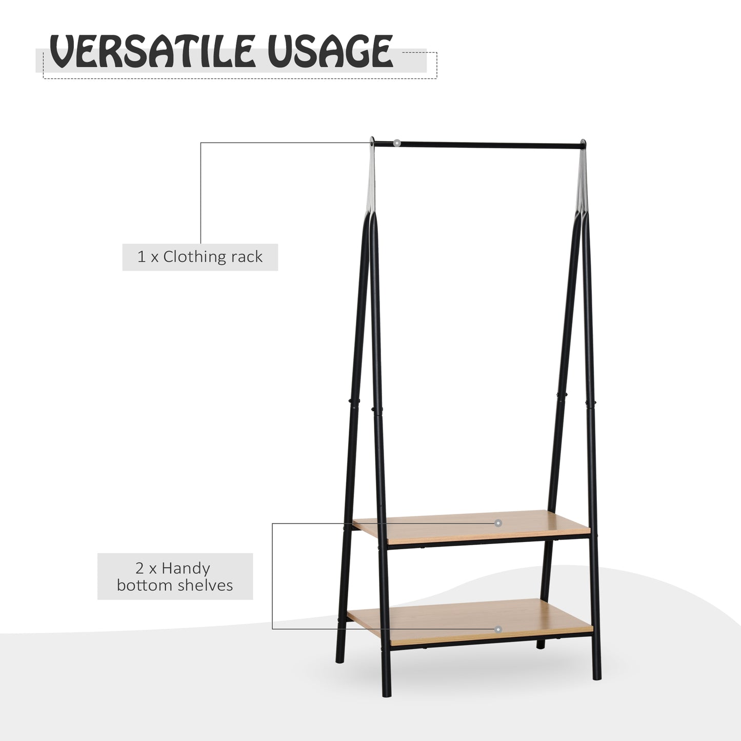 Clothes Rail, Freestanding Metal Clothes Rack with 2 Tier Storage Shelves for Bedroom and Entryway, 64 x 42.5 x 149 cm