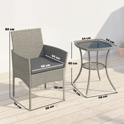 3 Piece Rattan Bistro Set, PE Wicker Garden Furniture Conversation Set with 2 Tier Glass-Top Table, Chairs, Dark Grey