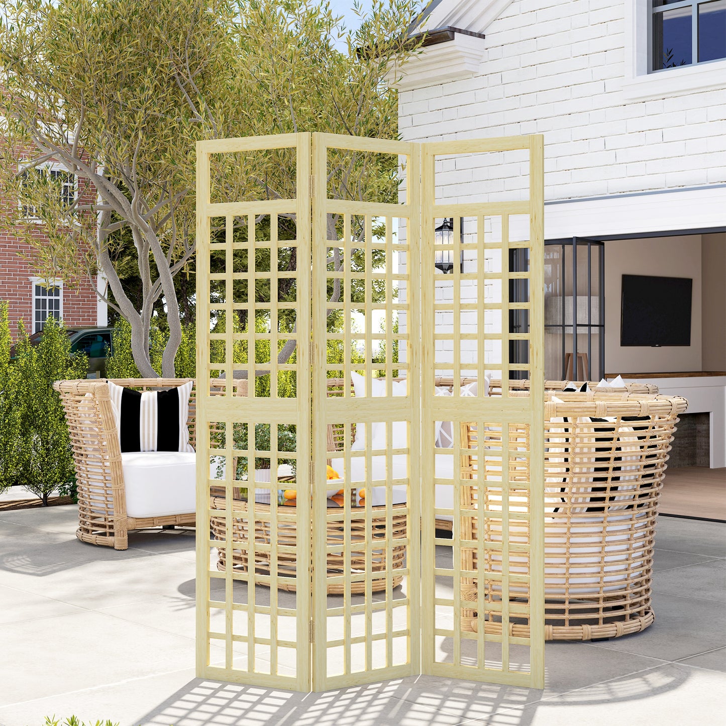 3-Panel Garden Privacy Screen, Freestanding Foldable Wooden Outdoor Divider/Trellis