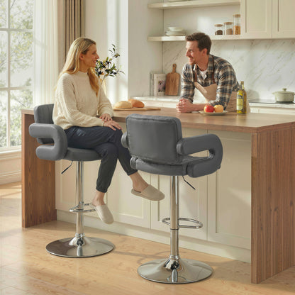 Bar Stools Adjustable Swivel Kitchen Chairs with Backrest Armrest Set of 2 PU Leather Grey
